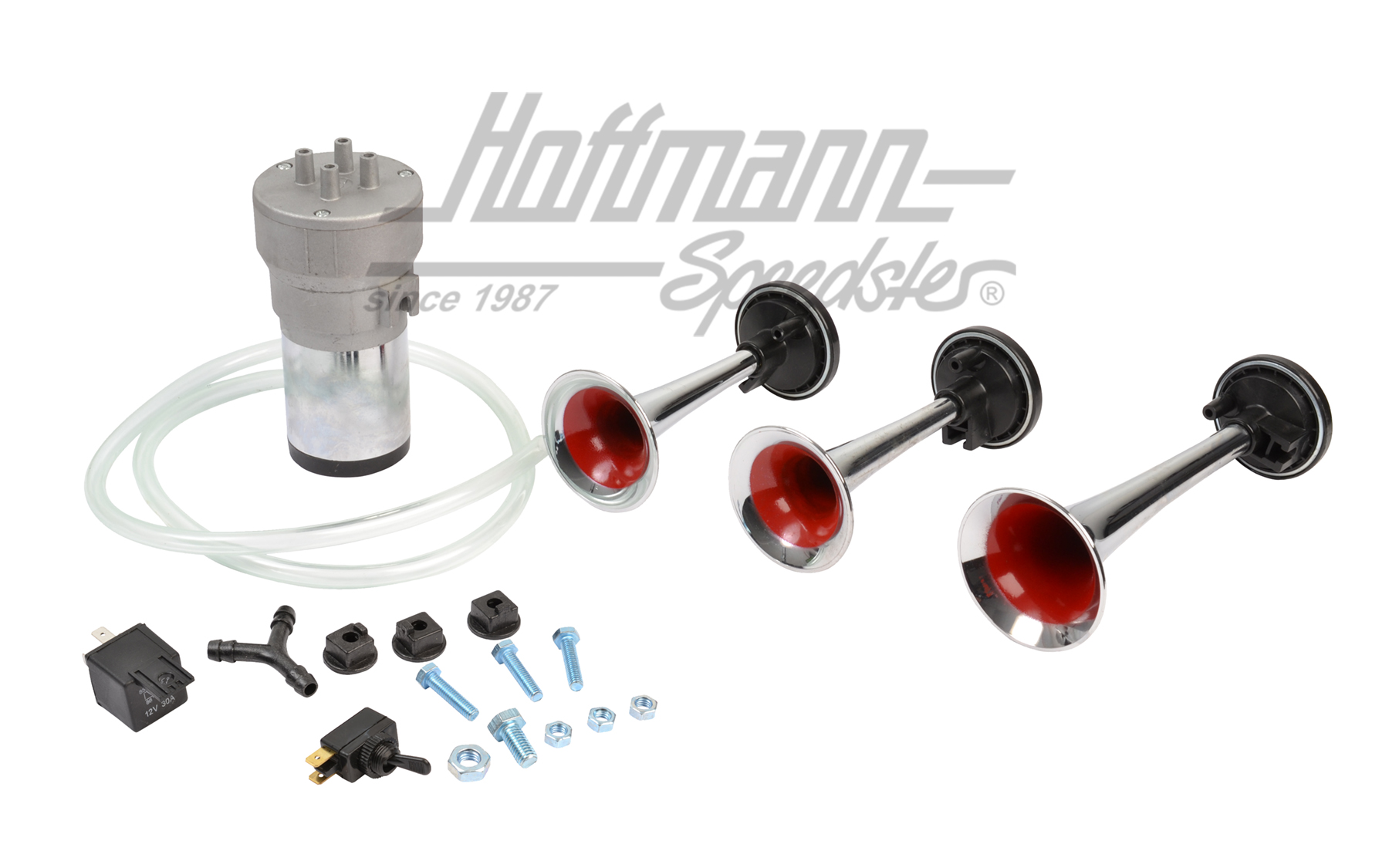 Fanfare horn, 3-horn, with air compressor, 12V                                                      